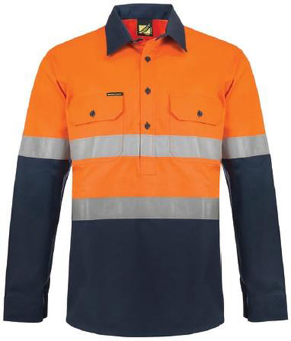 Workcraft WS6031 Mens Heavy Duty Hybrid Hi Vis Closed Front Cotton Drill Reflective Shirt With Gusset Sleeves in Orange/Navy
