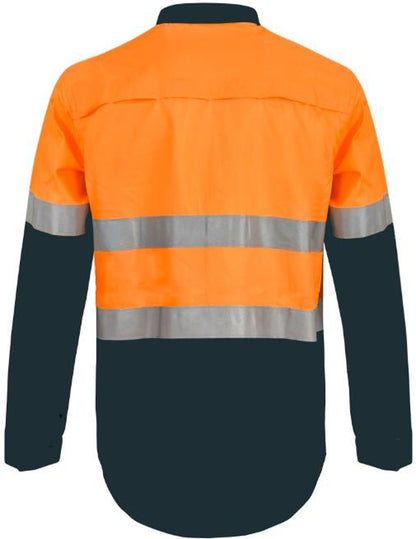 Workcraft WS6032 Mens Lightweight Hi Vis Closed Front Vented Cotton Drill Reflective Shirt With Semi Gusset Sleeves in Orange/Navy