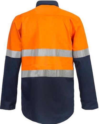 Workcraft WS6033 Mens Hi Vis Closed Front Cotton Drill Reflective Shirt With Semi Gusset Sleeves in Orange/Navy