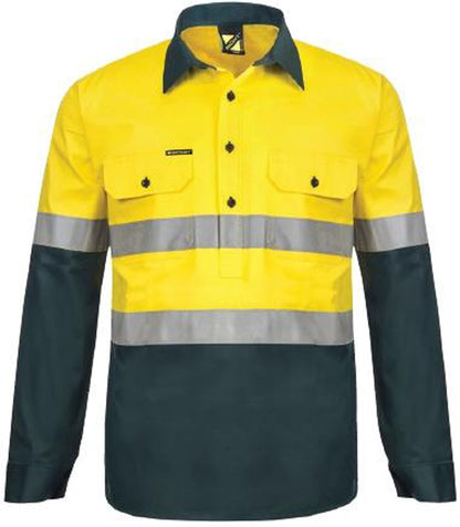 Workcraft WS6032 Mens Lightweight Hi Vis Closed Front Vented Cotton Drill Reflective Shirt With Semi Gusset Sleeves in Yellow/Navy, Orange/Navy