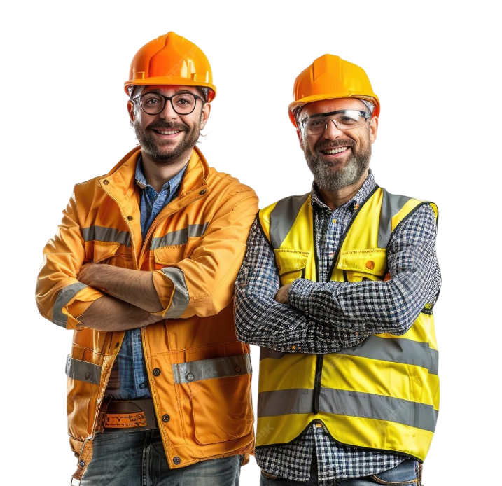 Two tradesmen wearing hi-vis workwear, safety vests and hard hats