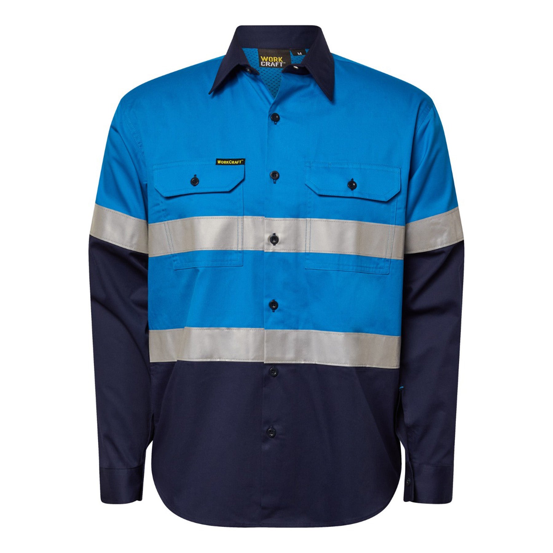 Workcraft WS4132 Lightweight Long Sleeve Vented Cotton Drill Reflective Shirt – Night Use Only in Electric Blue/Navy