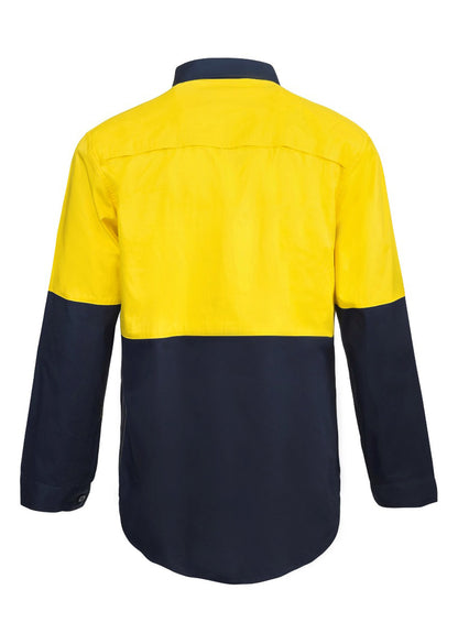 Workcraft WS4254 Mens Heavy Duty Hybrid Hi Vis Closed Front Cotton Drill Shirt With Gusset Sleeves in Yellow/Navy