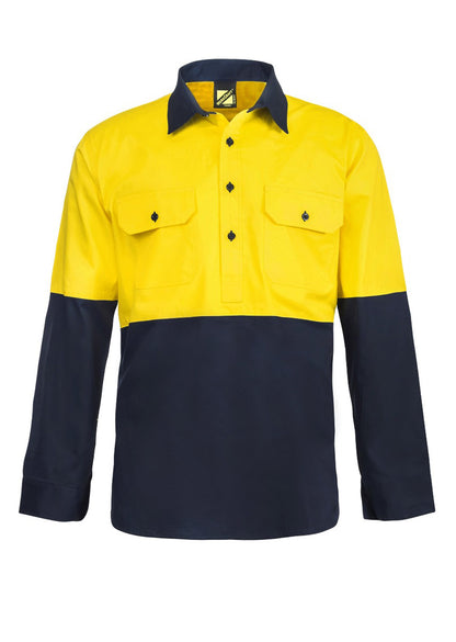 Workcraft WS4254 Mens Heavy Duty Hybrid Hi Vis Closed Front Cotton Drill Shirt With Gusset Sleeves in Yellow/Navy