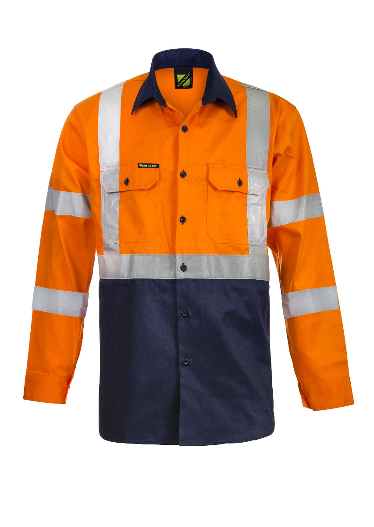 Workcraft WS6020 Hi Vis Long Sleeve Cotton Drill Reflective Shirt With X Pattern in Orange/Navy