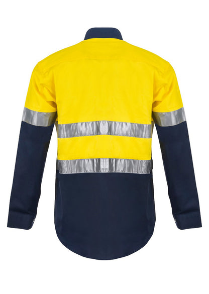 Workcraft WS6031 Mens Heavy Duty Hybrid Hi Vis Closed Front Cotton Drill Reflective Shirt With Gusset Sleeves in Yellow/Navy