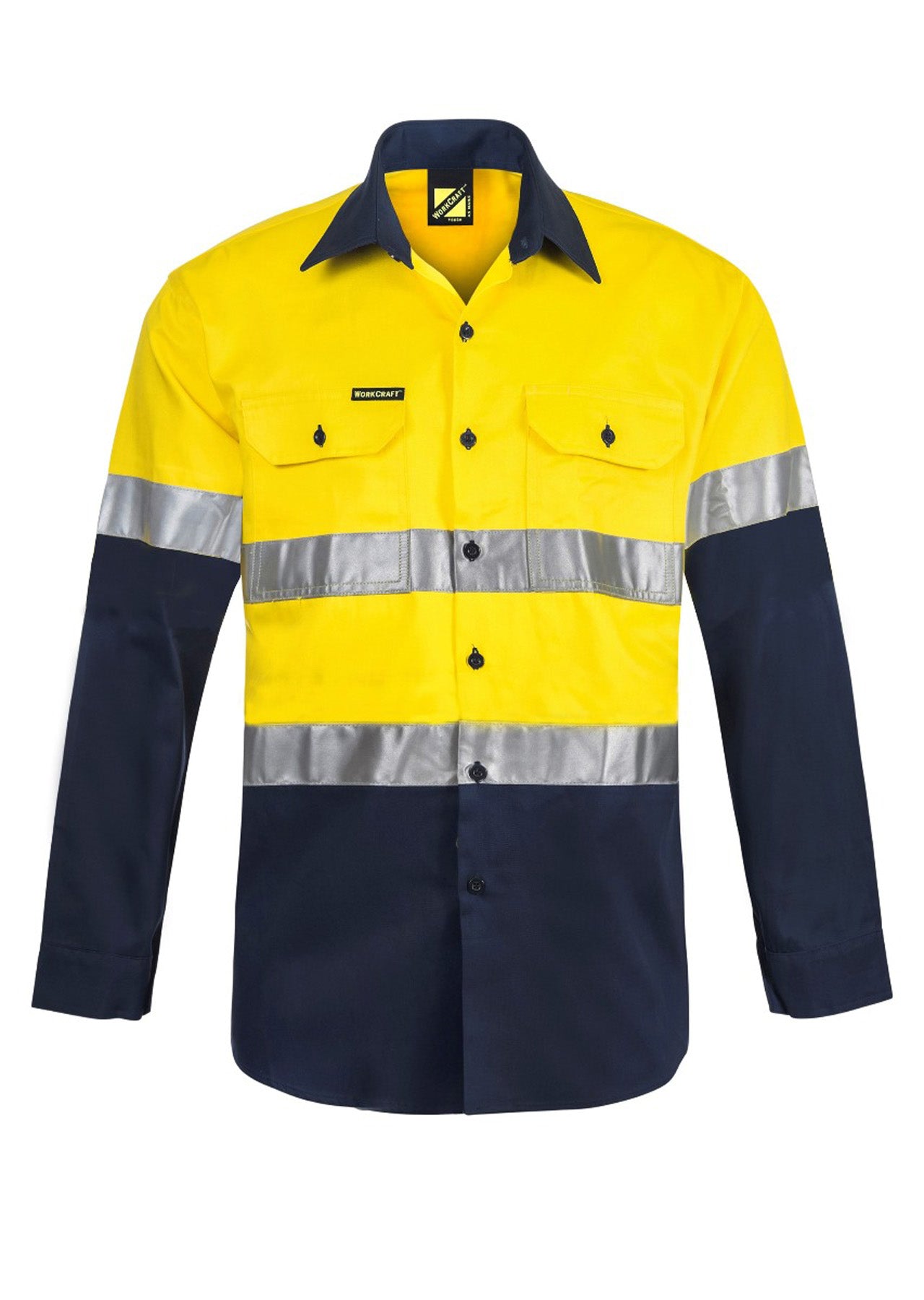 Workcraft WS6031 Mens Heavy Duty Hybrid Hi Vis Closed Front Cotton Drill Reflective Shirt With Gusset Sleeves in Yellow/Navy
