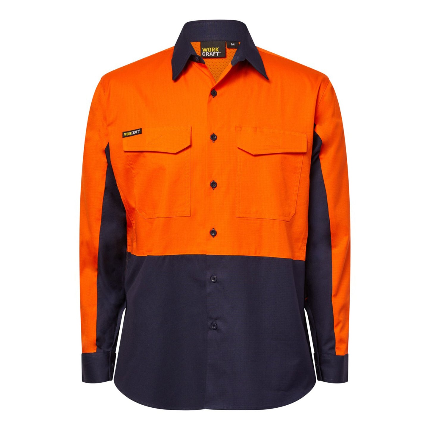 Workcraft WS6066 Mens Hi Vis Long Sleeve Vented Ripstop Shirt in Orange/Navy