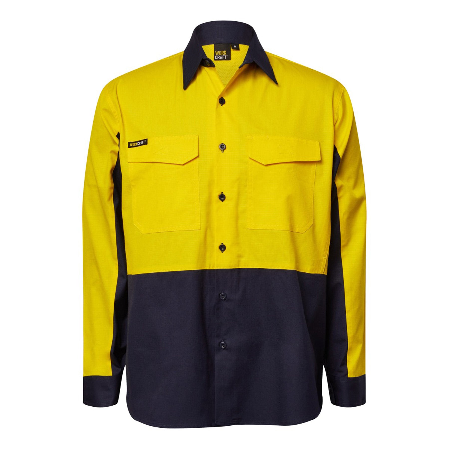 Workcraft WS6066 Mens Hi Vis Long Sleeve Vented Ripstop Shirt in Yellow/Navy