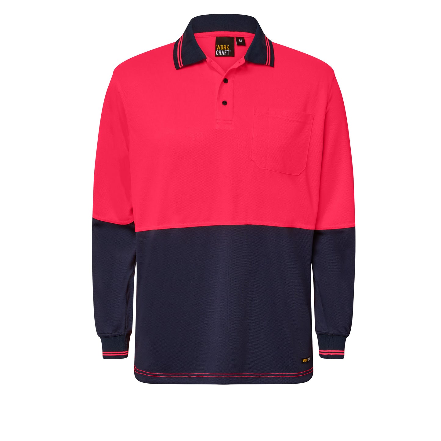 Workcraft WSP202 Hi Vis Long Sleeve Micromesh Polo With Pocket in Pink/Navy