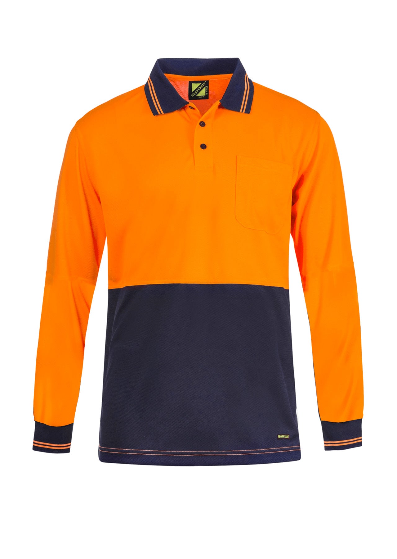 Workcraft WSP209 Hi Vis Lightweight Long Sleeve Micromesh Polo With Pocket in Orange/Navy