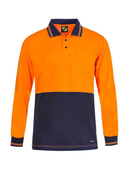 Workcraft WSP209 Hi Vis Lightweight Long Sleeve Micromesh Polo With Pocket in Orange/Navy