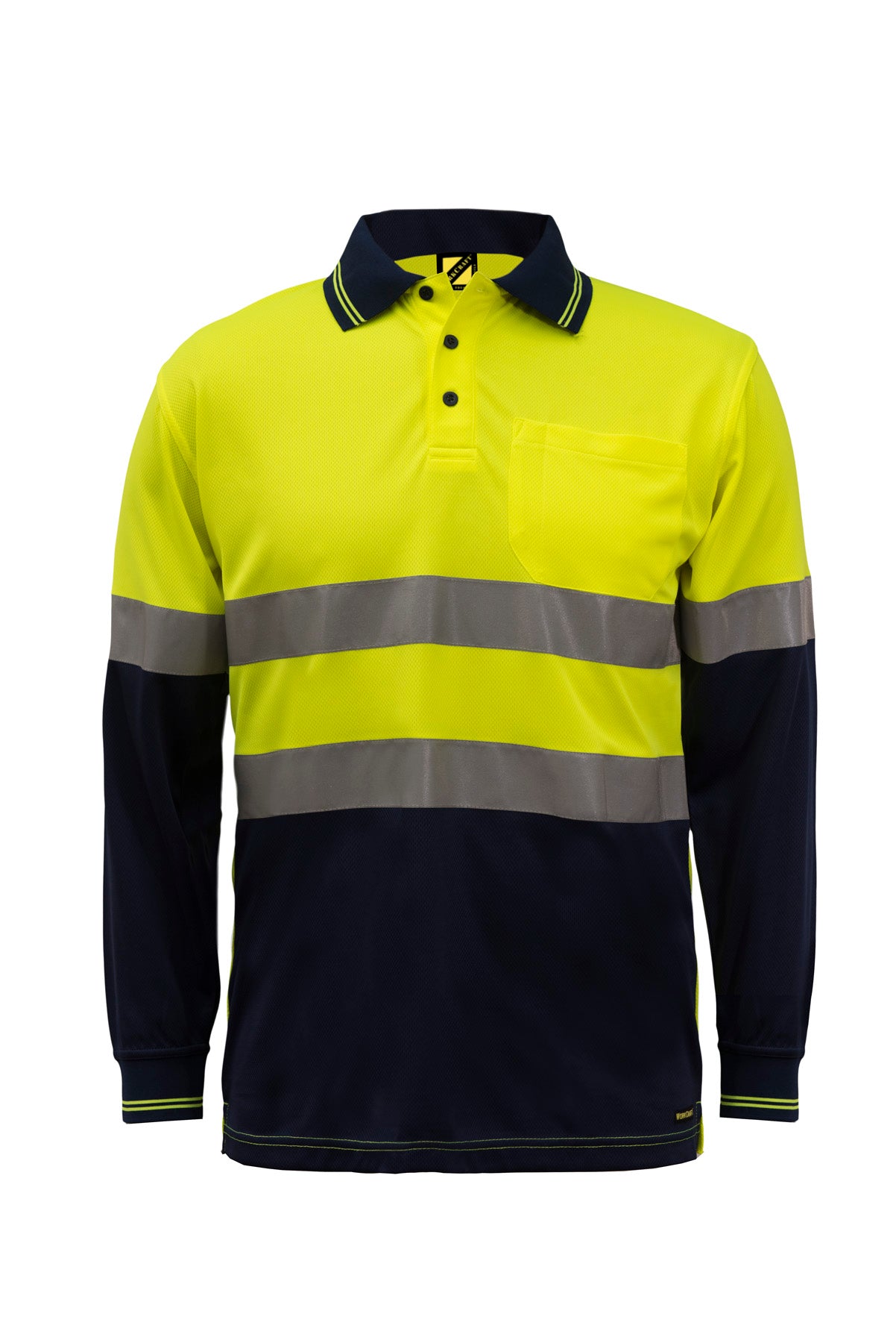 Workcraft WSP409 Hi Vis Long Sleeve Micromesh Reflective Polo With Pocket in Yellow/Navy