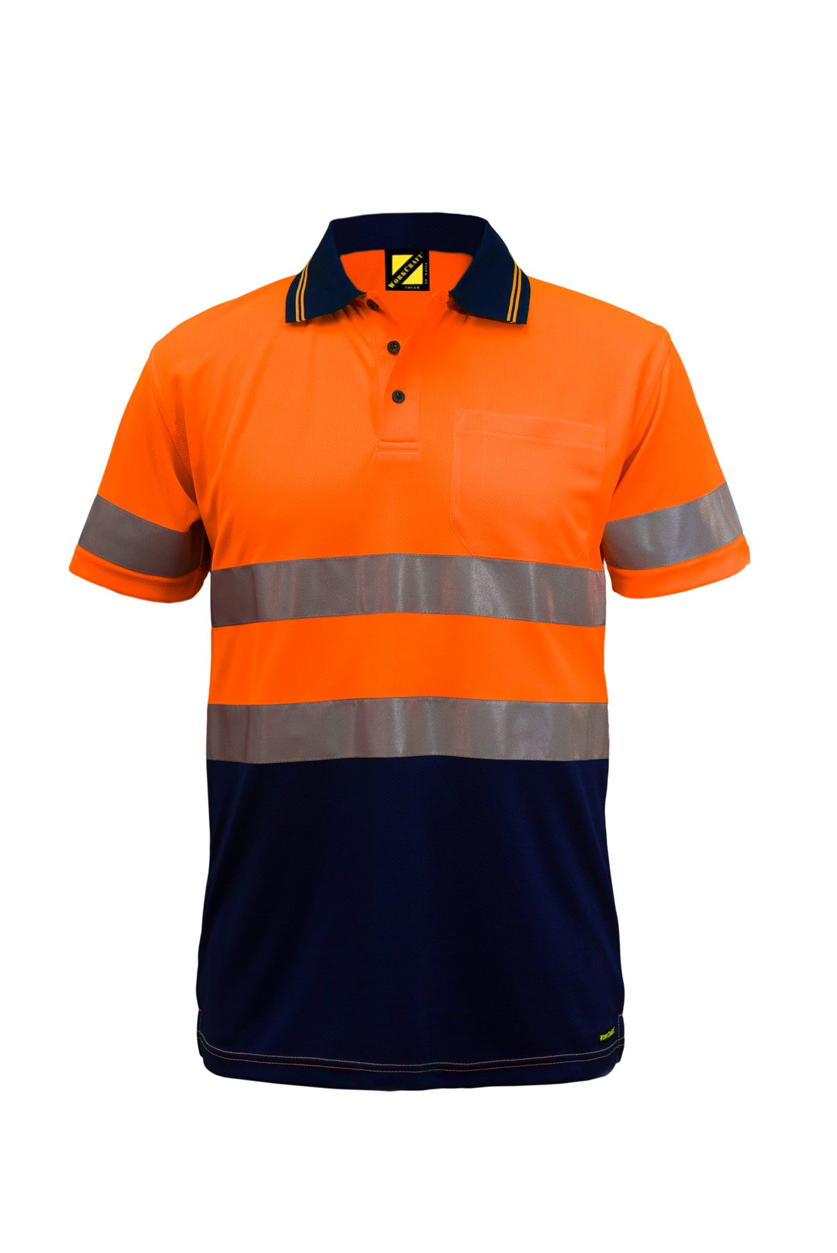 Workcraft WSP410 Hi Vis Short Sleeve Micromesh Reflective Polo With Pocket in Orange/Navy